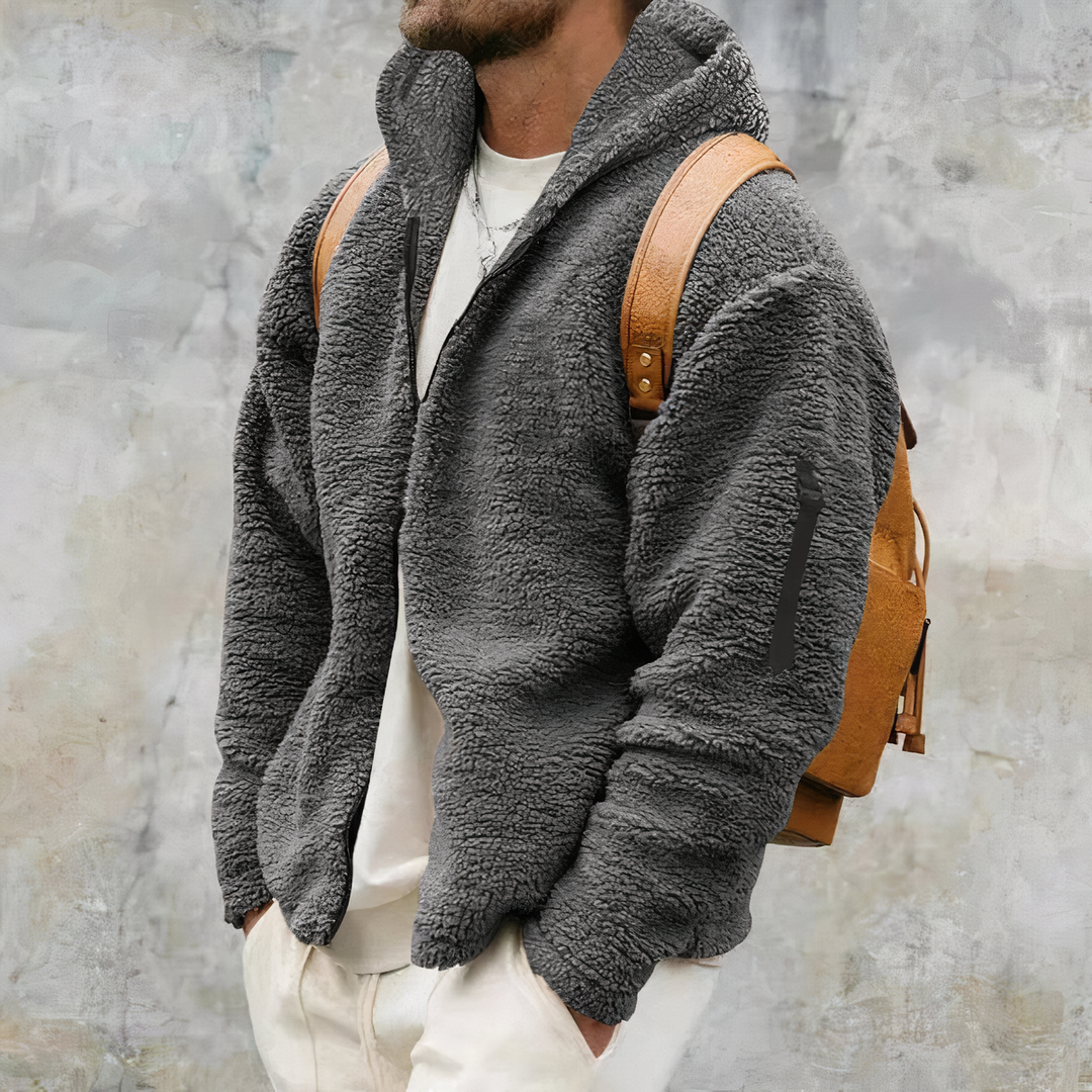 Graue Herren-Teddyjacke mit Kapuze, kuscheliger Sherpa-Stoff und Ärmeltasche