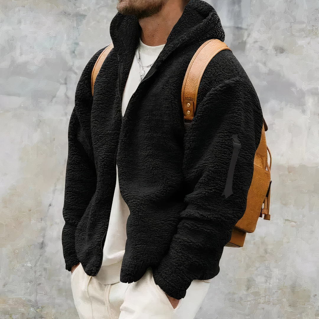 Schwarze Teddy-Winterjacke mit Kapuze und Reißverschluss, Herrenmode mit Ärmeltasche