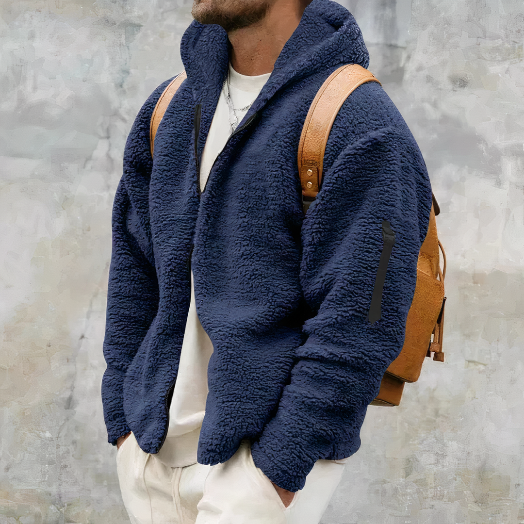 Dunkelblaue Teddyfleece-Jacke mit Kapuze, warmer Herren-Look mit Ärmeltasche