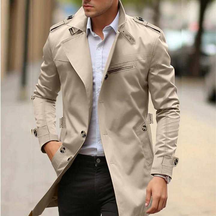Beiger Herren Trenchcoat mit Reverskragen und Schulterklappen, taillierter Schnitt