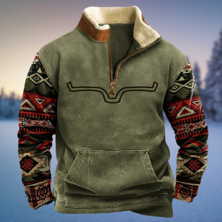 Herren Troyer olivgrün mit Aztec-Muster Ärmeln und Stehkragen Fleece-Futter