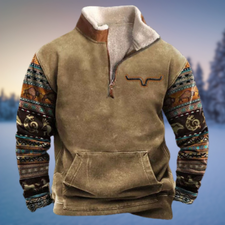 Herren Troyer beige mit Aztec-Muster Ärmeln und Stehkragen Fleece-Futter