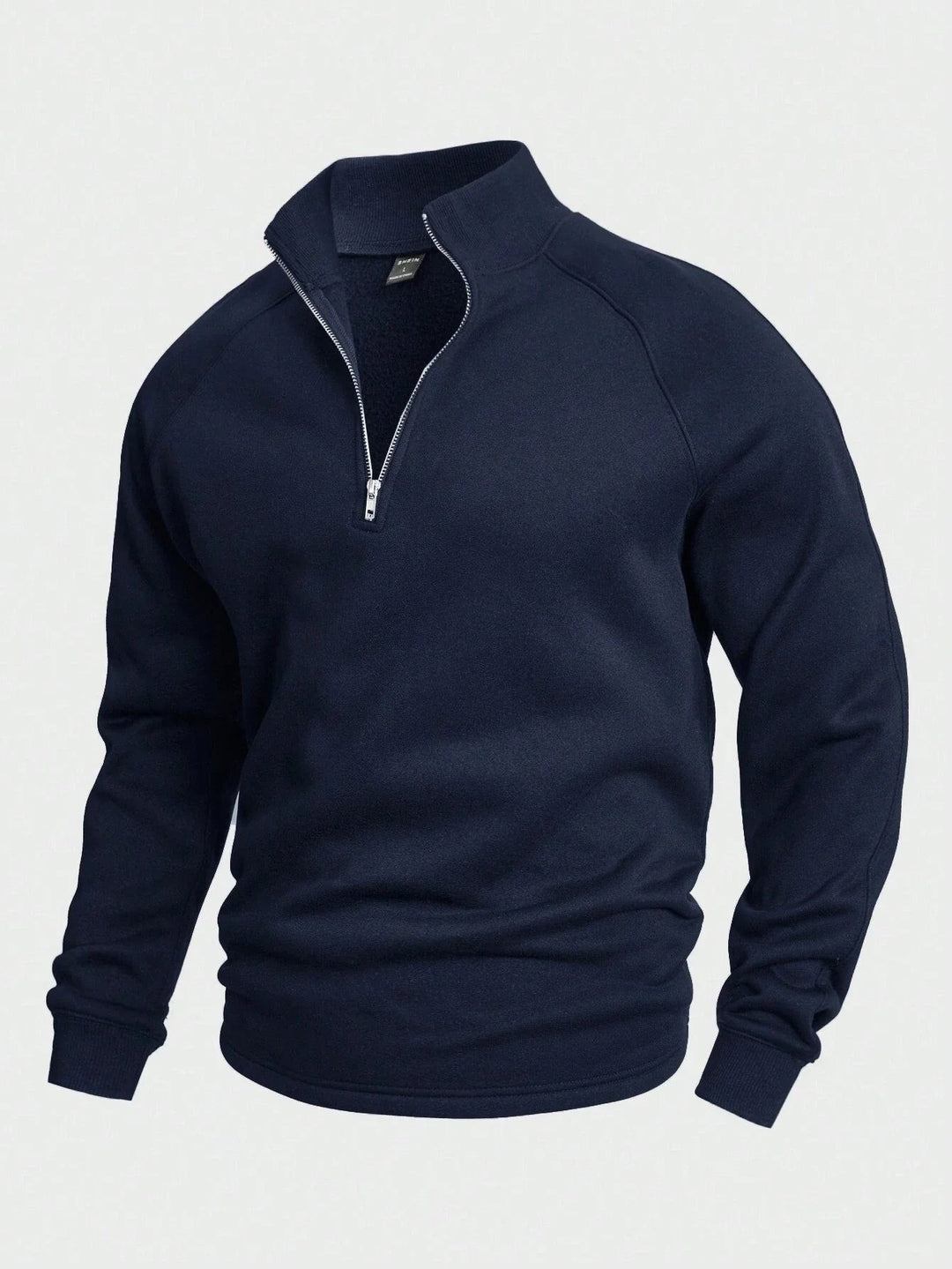 Marineblauer Herrenpullover mit Stehkragen und Reißverschluss, Fleece-Futter innen
