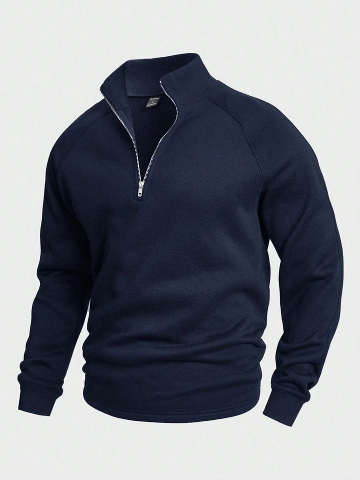 Marineblauer Herrenpullover mit Stehkragen und Reißverschluss, Fleece-Futter innen