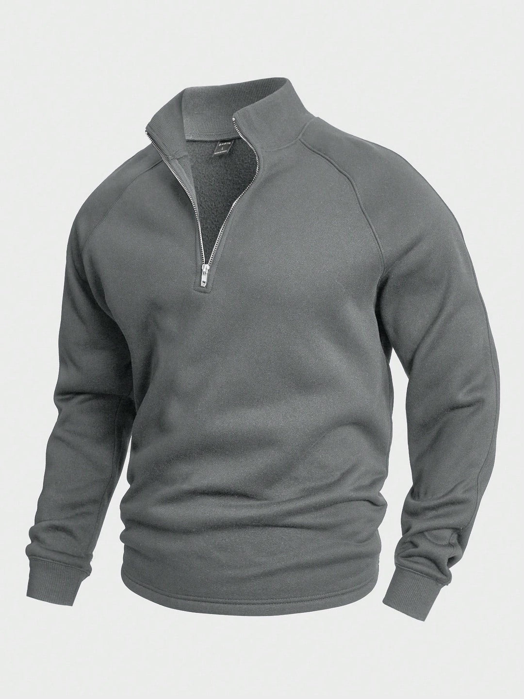 Grauer Herrenpullover mit Stehkragen und Viertelreißverschluss, warmes Fleece-Futter
