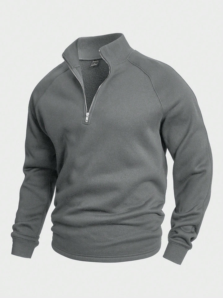 Grauer Herrenpullover mit Stehkragen und Viertelreißverschluss, warmes Fleece-Futter
