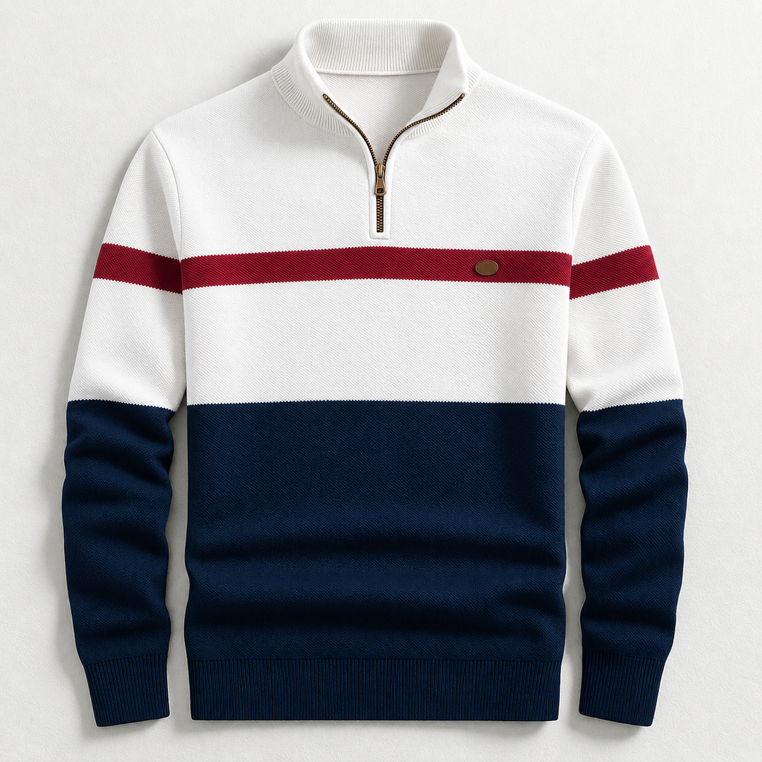 Herrenpullover mit Stehkragen, Colorblock in Weiß, Navy und Rot