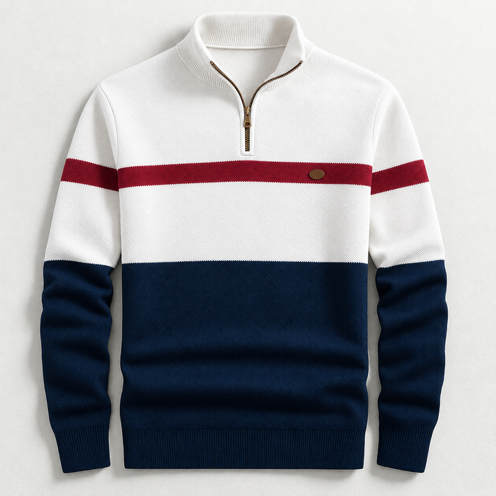 Herrenpullover mit Stehkragen, Colorblock in Weiß, Navy und Rot