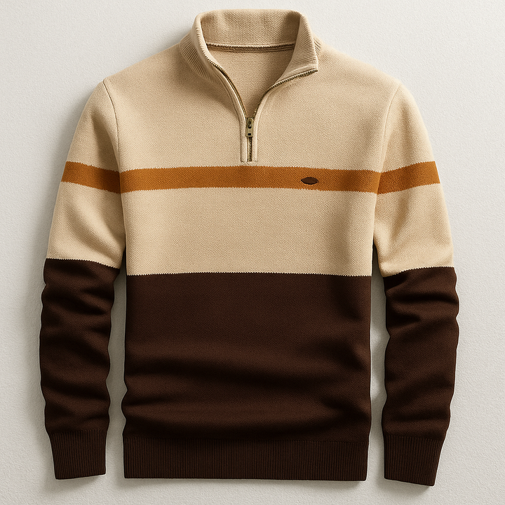 Strickpullover mit Stehkragen, Colorblock in Beige und Braun