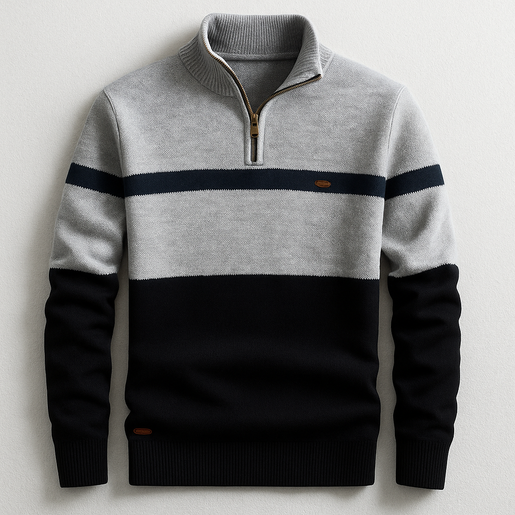Herrenpullover mit Halbreißverschluss, Colorblock in Grau und Schwarz