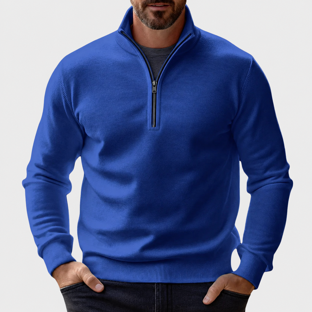 Blauer Herren Pullover mit Reißverschlusskragen und Rippbündchen