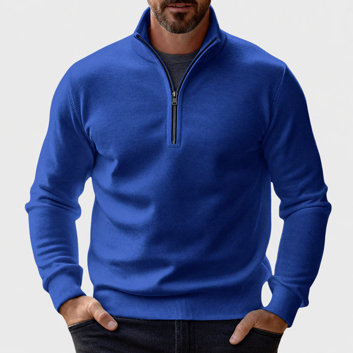 Blauer Herren Pullover mit Reißverschlusskragen und Rippbündchen