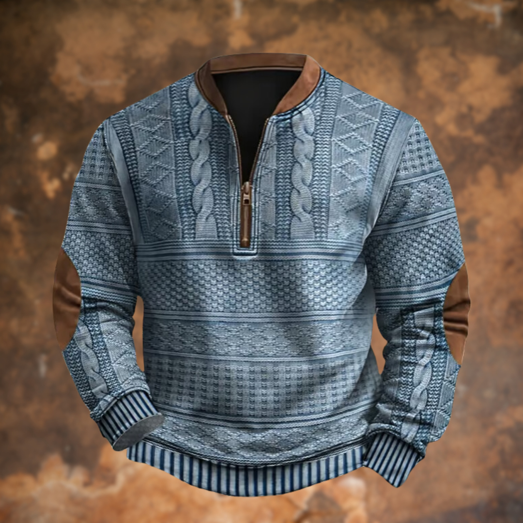 Herren Strickpullover in Blaugrau mit Zopfmuster, Quarter-Zip und Ellenbogen-Patches