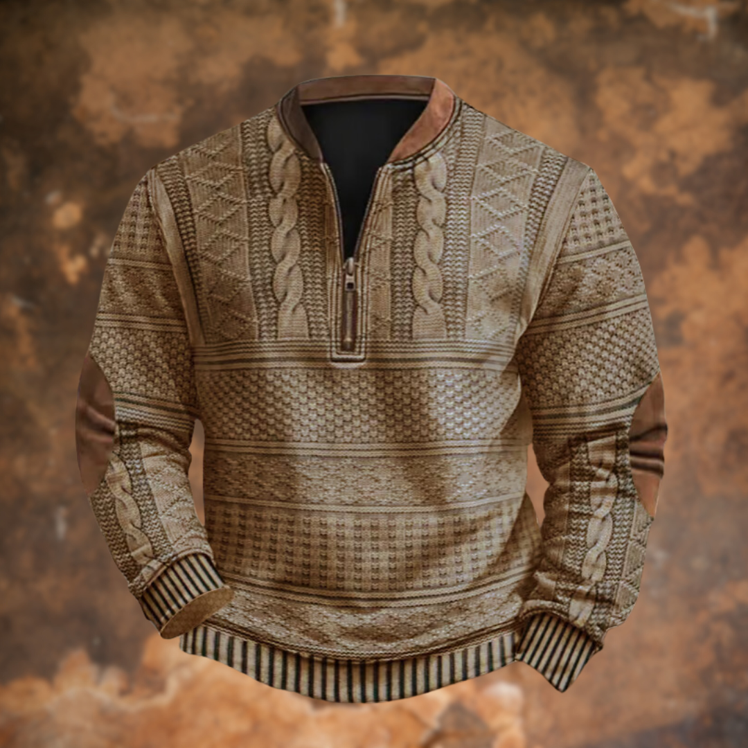 Beiger Strickpullover mit Zopfmuster, Quarter-Zip und Lederdetails am Kragen
