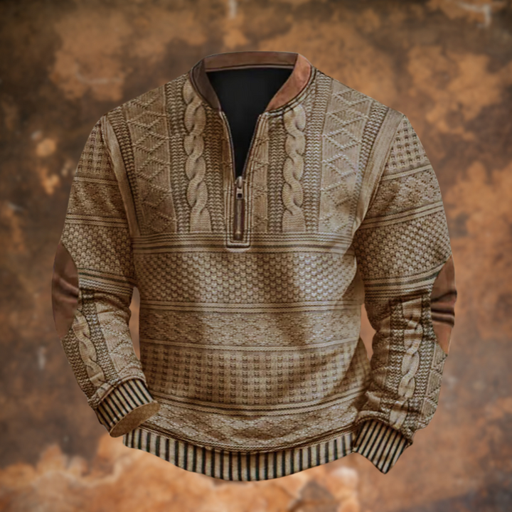 Beiger Strickpullover mit Zopfmuster, Quarter-Zip und Lederdetails am Kragen