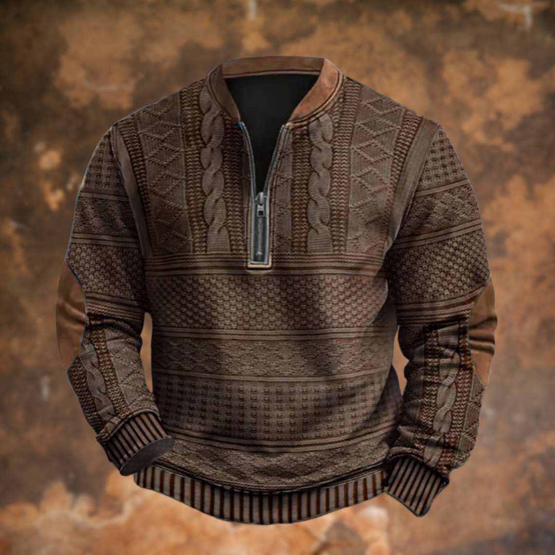 Braunes Herren-Strickshirt mit Zopfmuster, Stehkragen und Ellenbogen-Patches