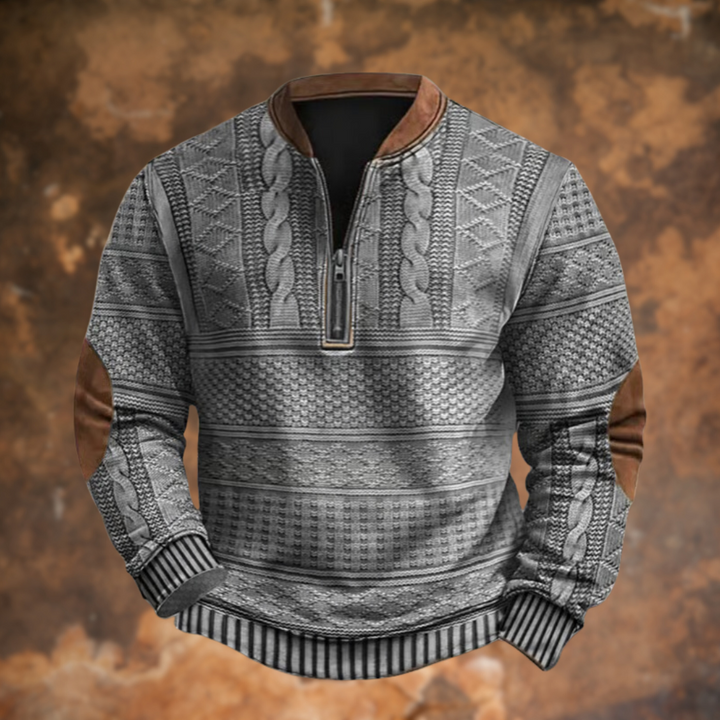 Grauer Herrenpullover mit Zopfmuster, Quarter-Zip und Wildleder-Patches an Ellenbogen