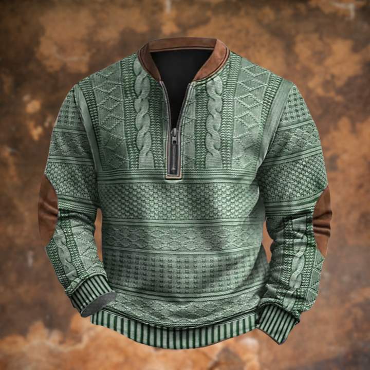 Olivgrüner Strickpullover mit Zopfmuster, Stehkragen und braunen Ellenbogen-Patches