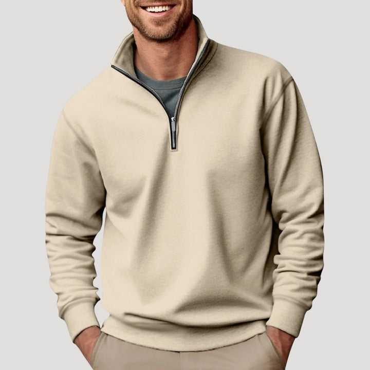 Beiges Herren-Sweatshirt mit Viertelreißverschluss und Rippbündchen