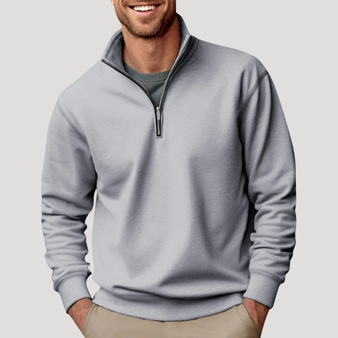 Hellgraues Herren-Sweatshirt mit Viertelreißverschluss und Rippstrick