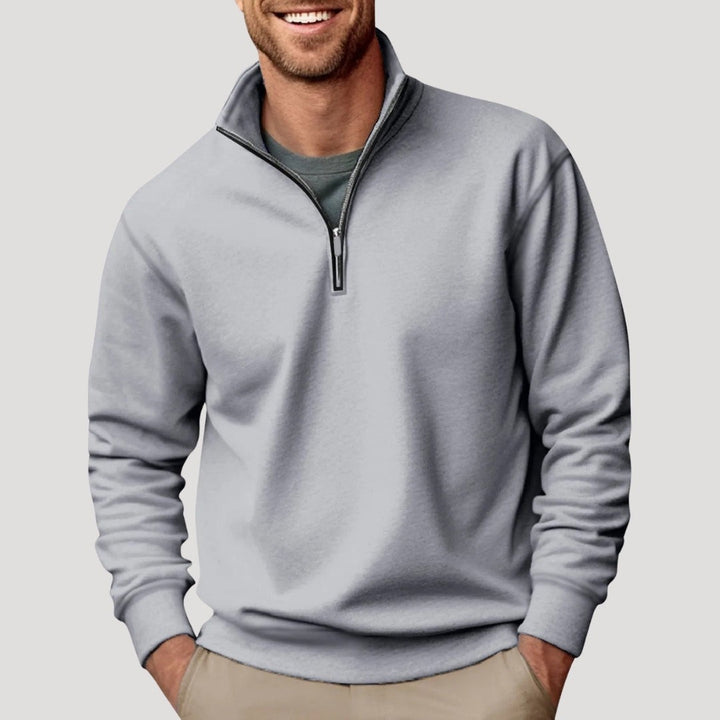 Hellgraues Herren-Sweatshirt mit Viertelreißverschluss und Rippstrick