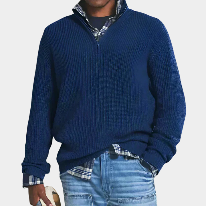 Marineblauer Troyer Pullover Herren mit Stehkragen und Rippstrick am Ärmelbündchen