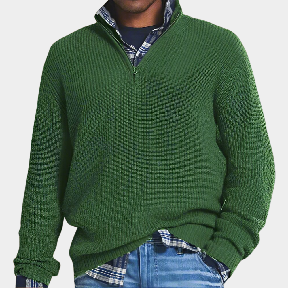 Grüner Herren Troyer Pullover mit halbem Reißverschluss und Stehkragen im Grobstrick