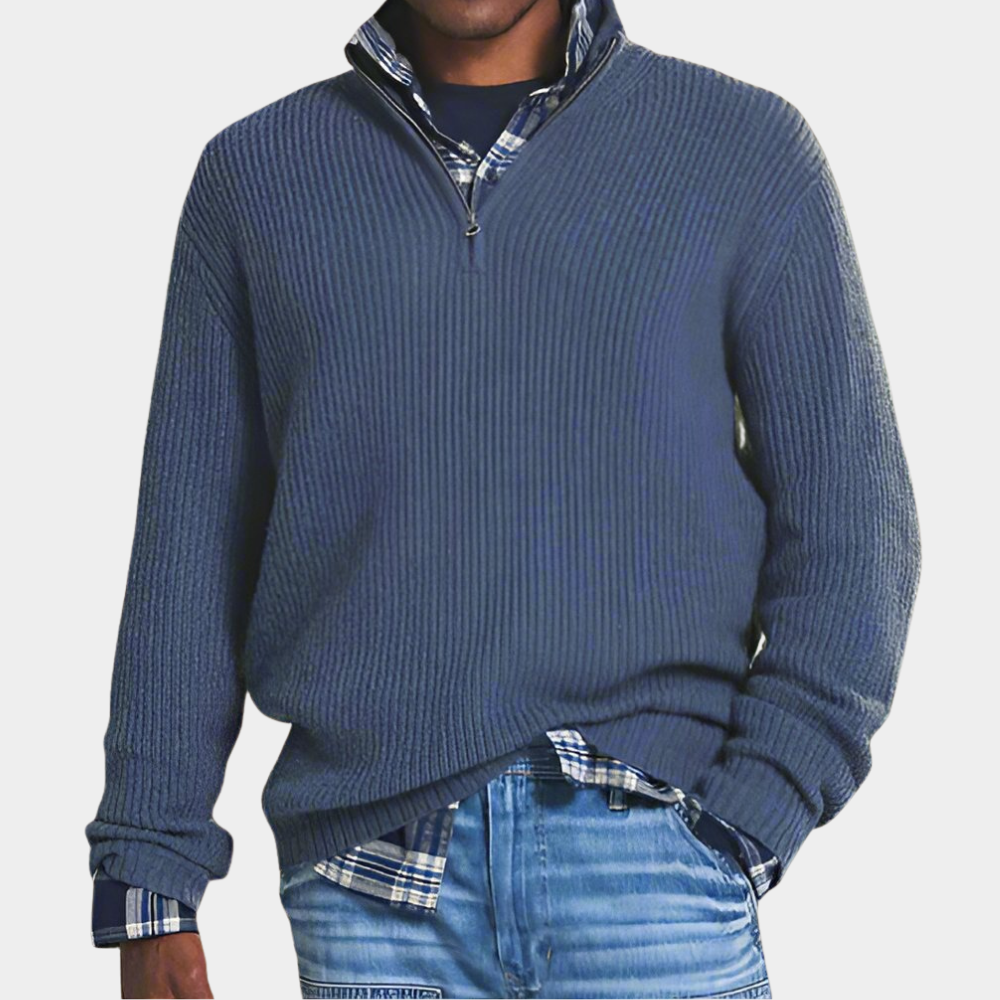 Taubenblauer Strickpullover Herren mit Stehkragen und Rippstrick Bündchen
