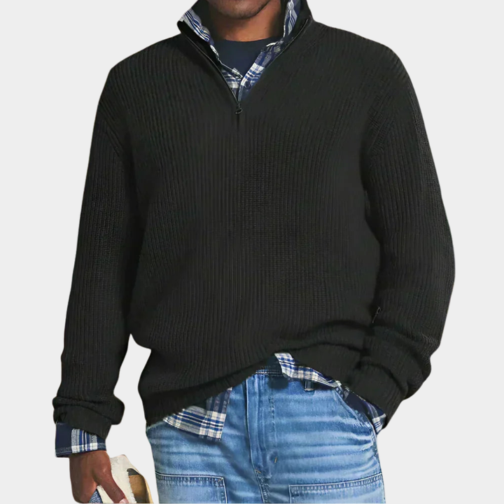 Schwarzer Herren Troyer Pullover mit halbem Reißverschluss und Stehkragen