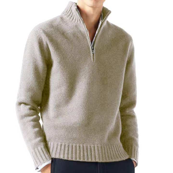 Beige melierter Herren Strickpullover mit Stehkragen und Rippbündchen