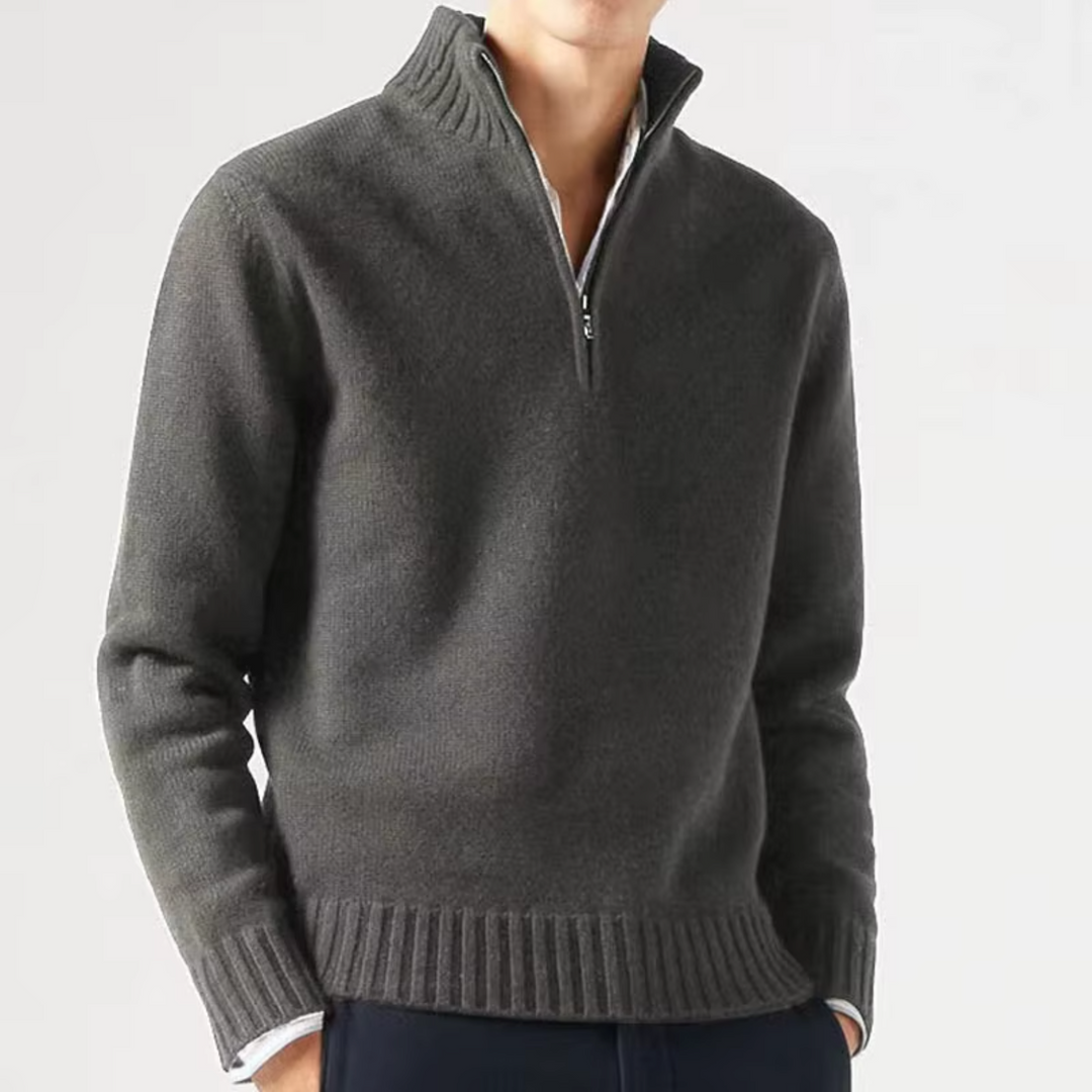 Anthrazitfarbener Troyer Pullover Herren mit Half-Zip Stehkragen und Strickbund