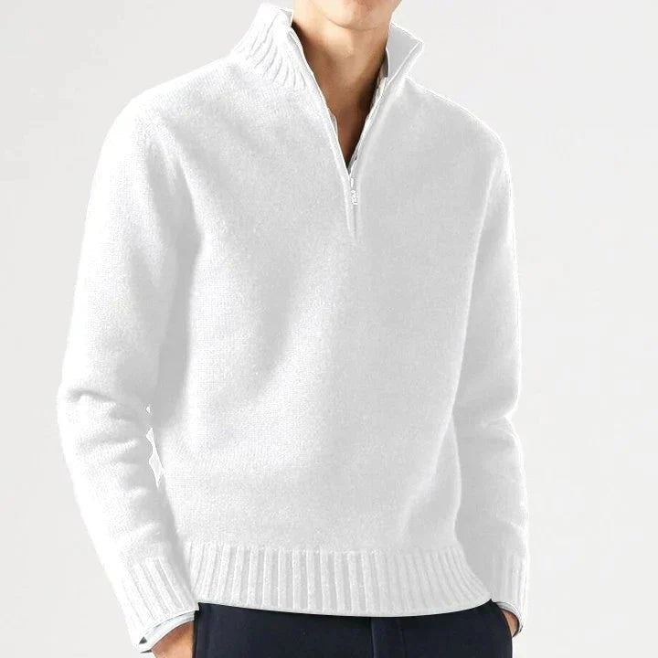 Weißer Strickpullover Herren mit Half-Zip Kragen und geripptem Bund