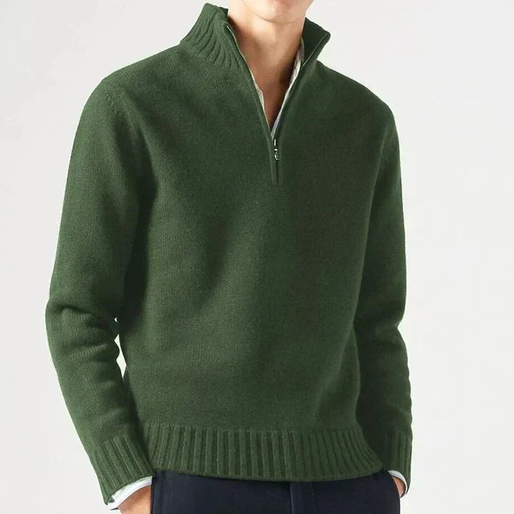 Dunkelgrüner Troyer Pullover mit Stehkragen und Strickbündchen an Ärmeln
