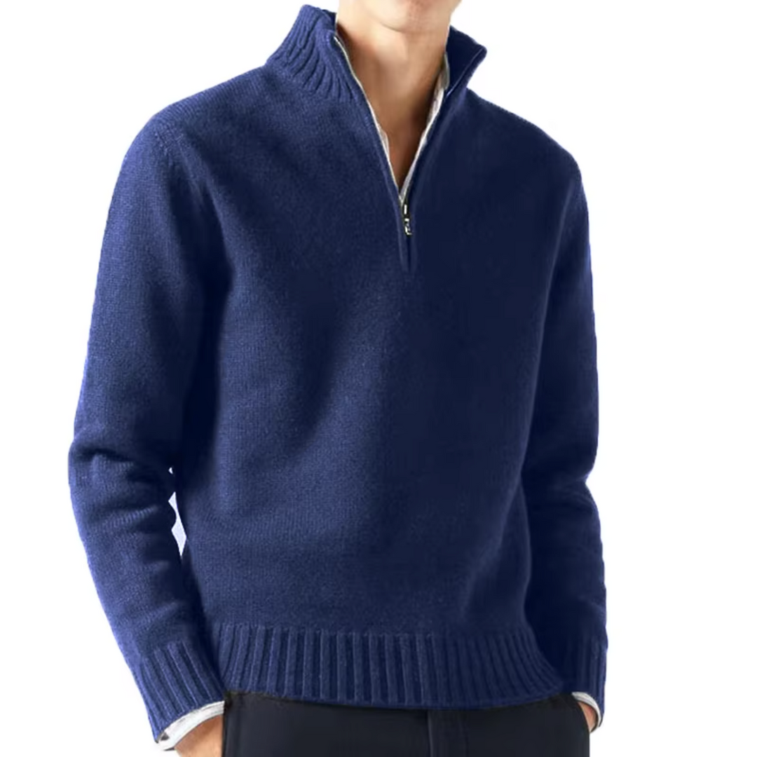 Marineblauer Troyer Pullover mit Stehkragen für Herren, Half-Zip Ausschnitt