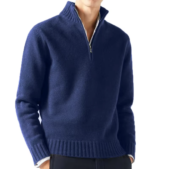 Marineblauer Troyer Pullover mit Stehkragen für Herren, Half-Zip Ausschnitt