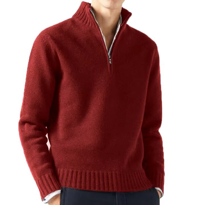 Rostroter Strickpullover mit Stehkragen und Reißverschluss, Herren Troyer