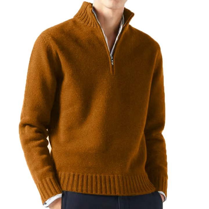 Cognacfarbener Strickpullover Herren mit Half-Zip Stehkragen und Strickbund