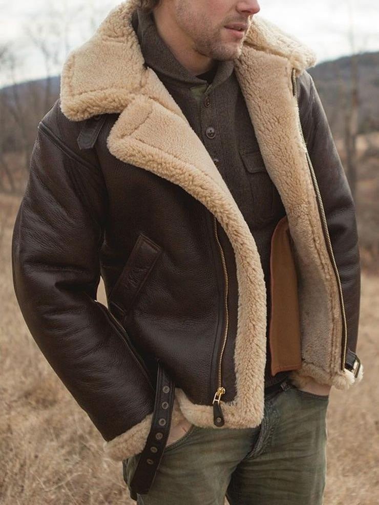Vegane Lederjacke braun mit Fellkragen, Reißverschluss und Taillenriemen