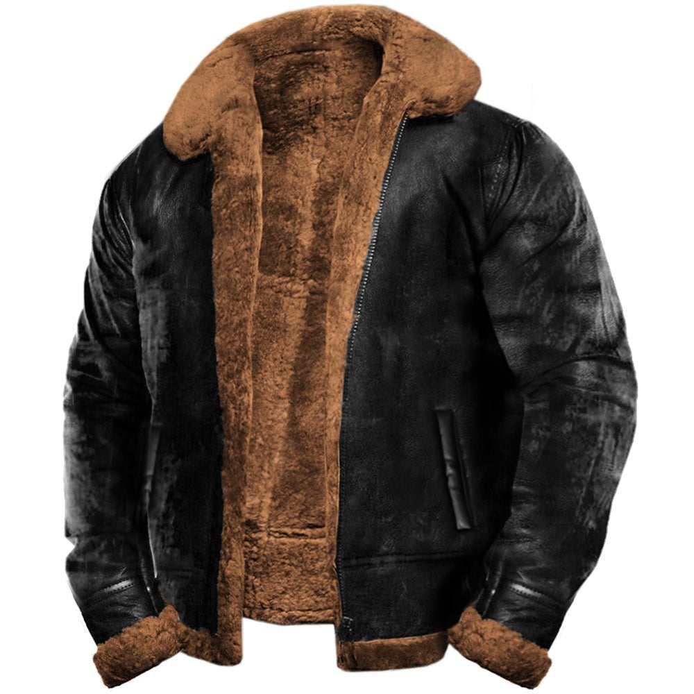 Herren Aviator-Lederjacke schwarz mit braunem Kunstfellkragen und Fellfutter