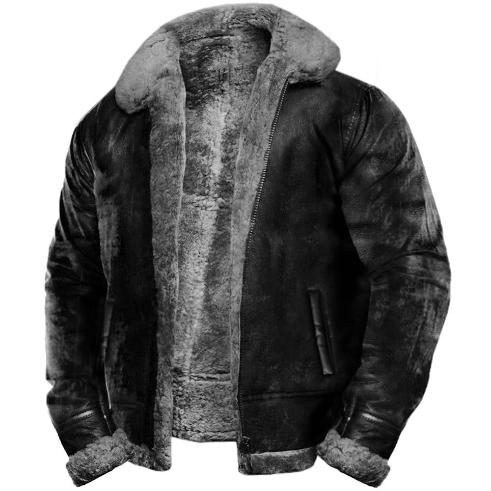 Herren Aviator-Lederjacke schwarz mit grauem Kunstfellfutter und Fellkragen