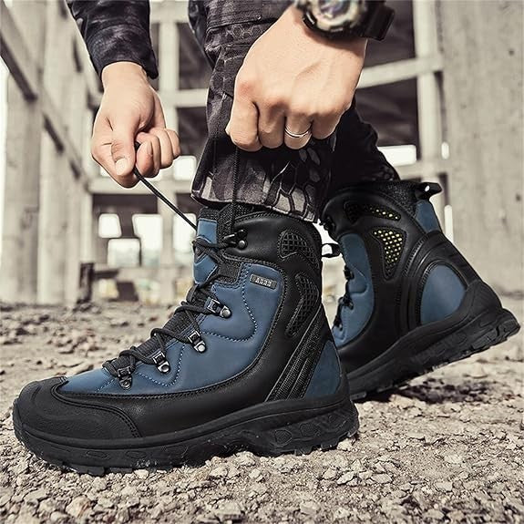 Herren beim Zubinden dunkelblauer Wanderstiefel mit robuster Sohle