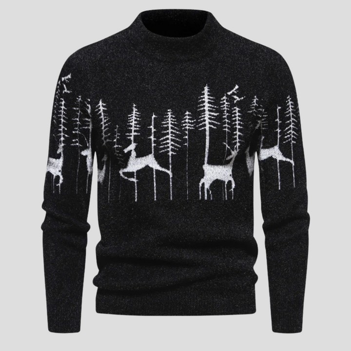 Schwarzer Strickpullover mit Stehkragen und weißem Rentier- und Tannenmuster