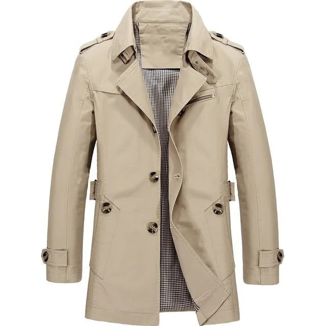 Herren Übergangsjacke in Beige mit Reverskragen und Schulterklappen, kariertes Innenfutter