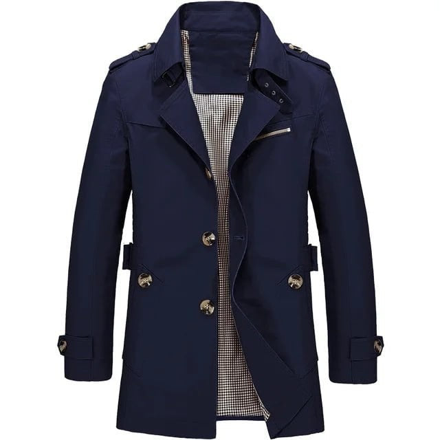 Schlanke Herrenjacke in Navyblau mit Knopfleiste und kariertem Futter