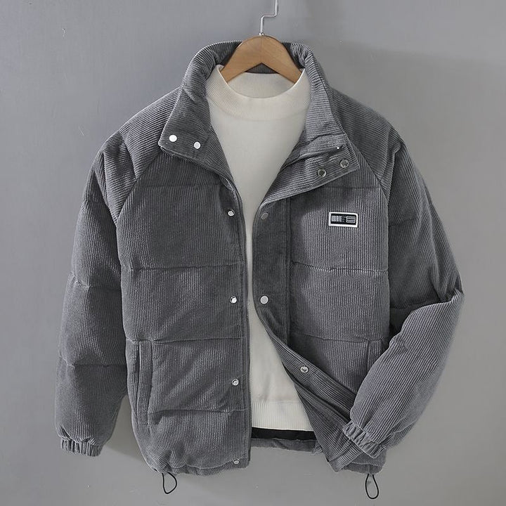 Graue Cord-Winterjacke Herren mit Stehkragen und gestepptem Steppmuster