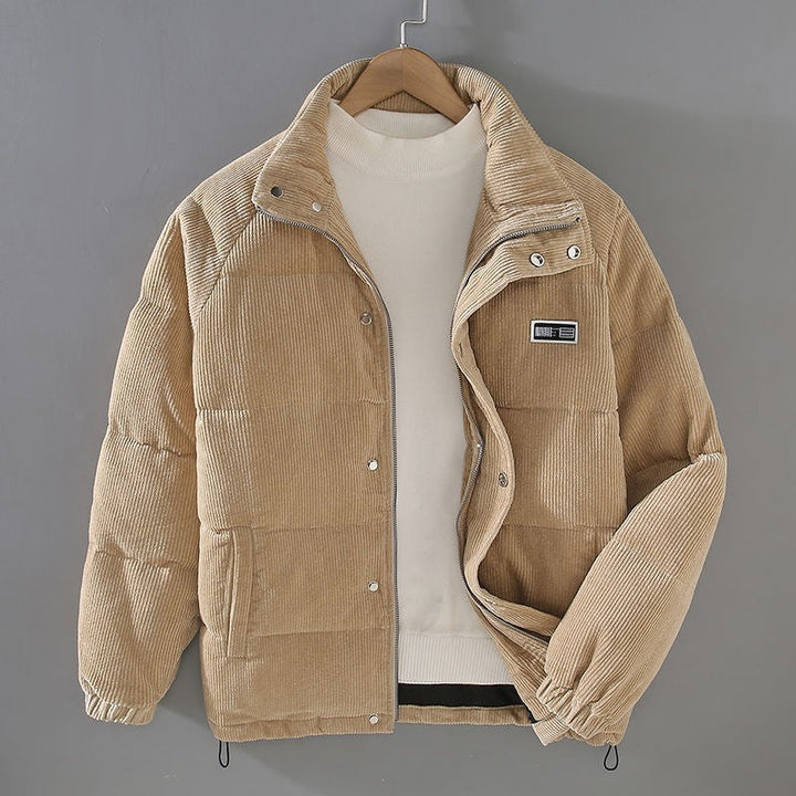 Beige Cord-Steppjacke für Herren mit Stehkragen und Reißverschluss