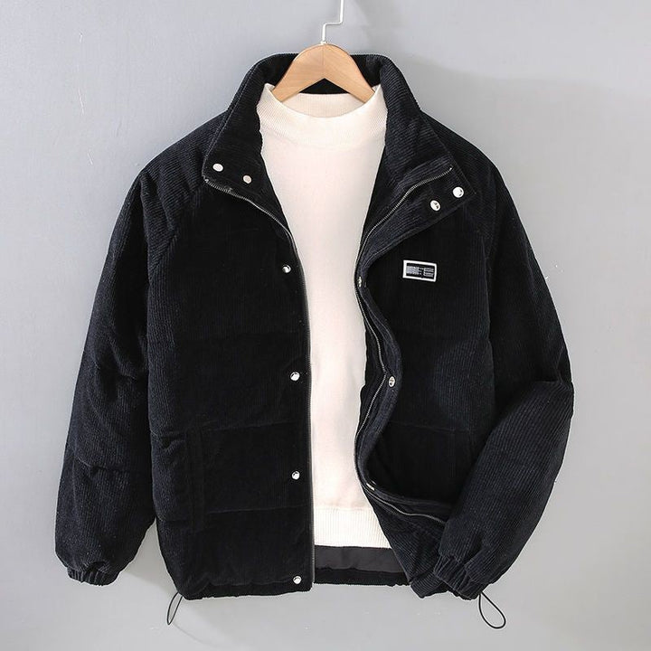 Schwarze gefütterte Cord-Winterjacke mit Stehkragen und Druckknöpfen