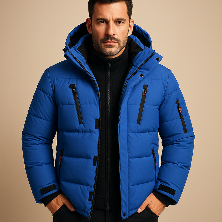 Blaue Herren-Winterjacke mit Kapuze, gesteppt, mit mehreren Reißverschlusstaschen