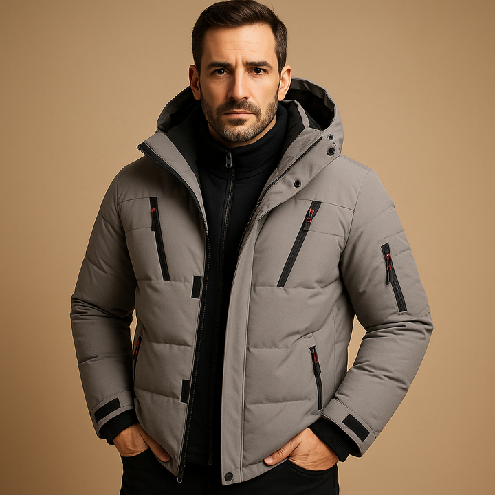 Graue gefütterte Winterjacke für Herren mit Kapuze und Klettverschluss-Ärmeln