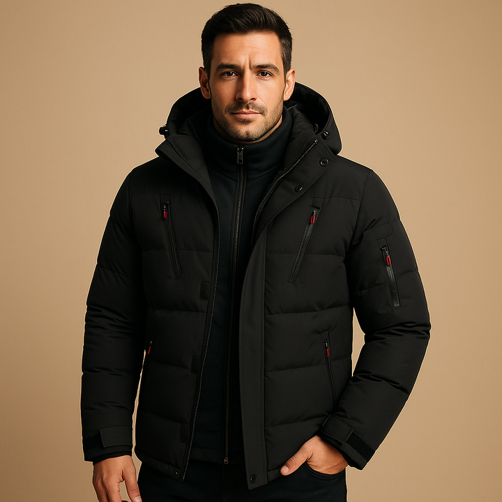 Schwarze Herren-Steppjacke mit Kapuze, dick gefüttert und mehreren Taschen